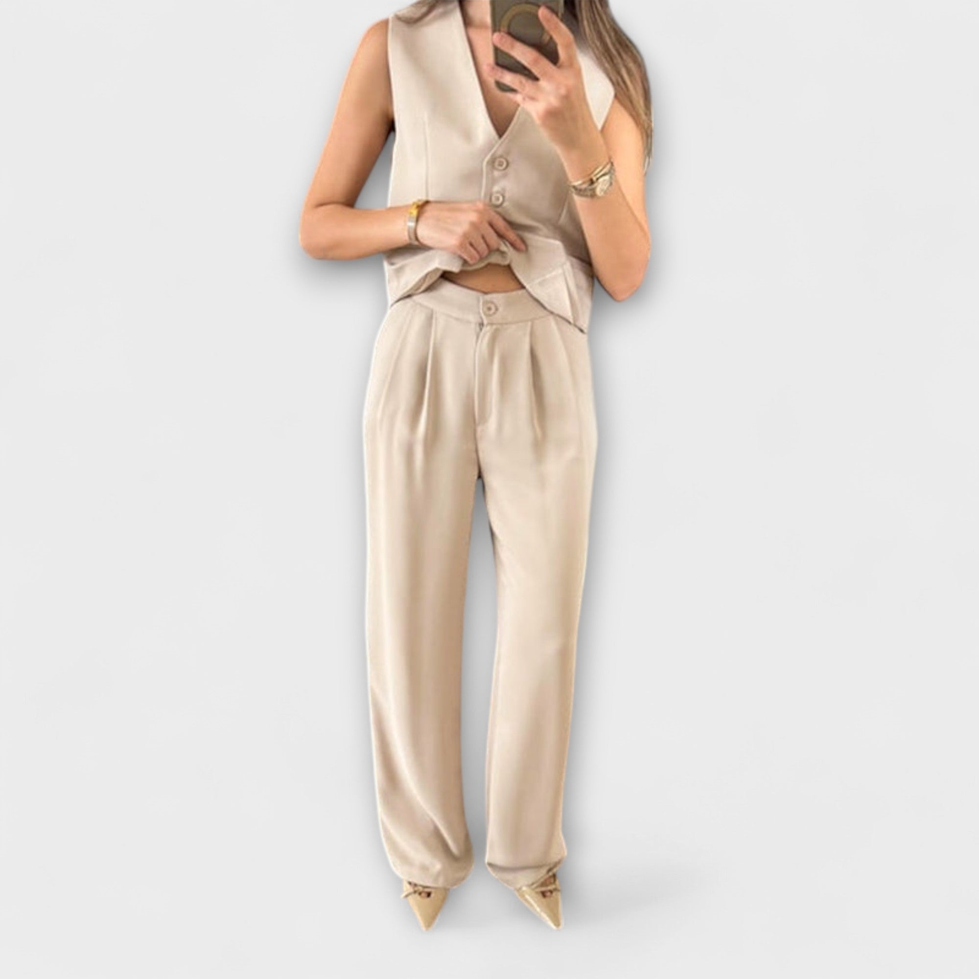 Hazel - Stijlvolle effen V-hals top en broek twee-delen ensemble