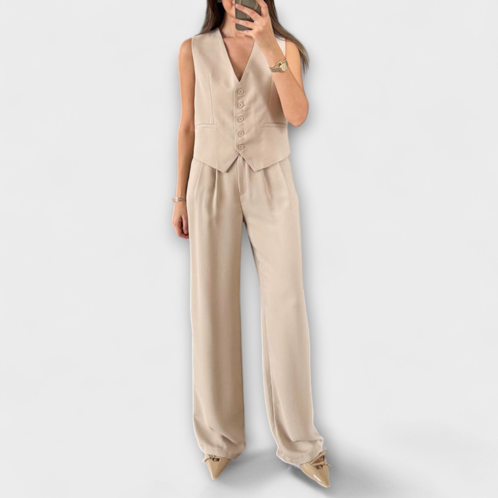 Hazel - Stijlvolle effen V-hals top en broek twee-delen ensemble
