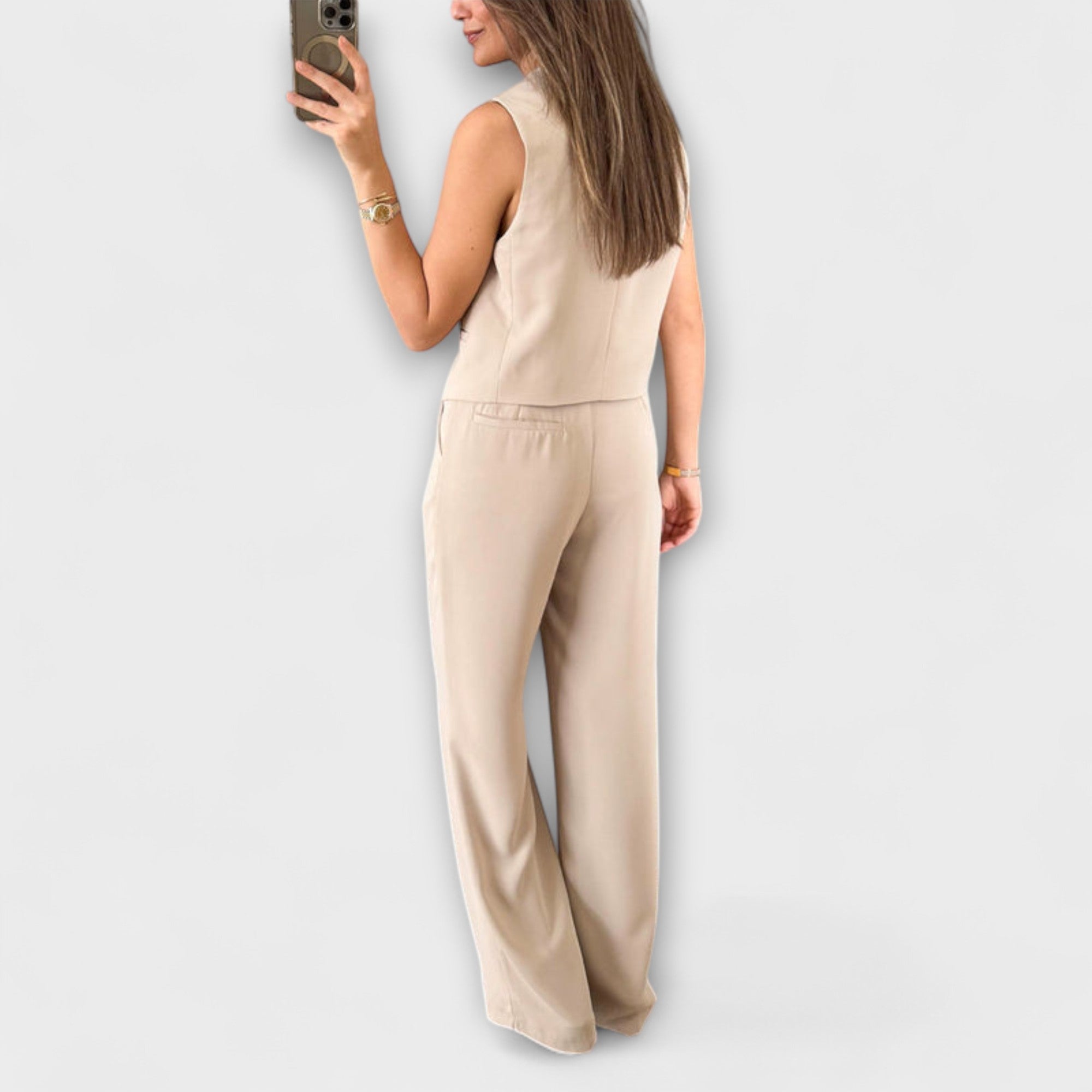 Hazel - Stijlvolle effen V-hals top en broek twee-delen ensemble