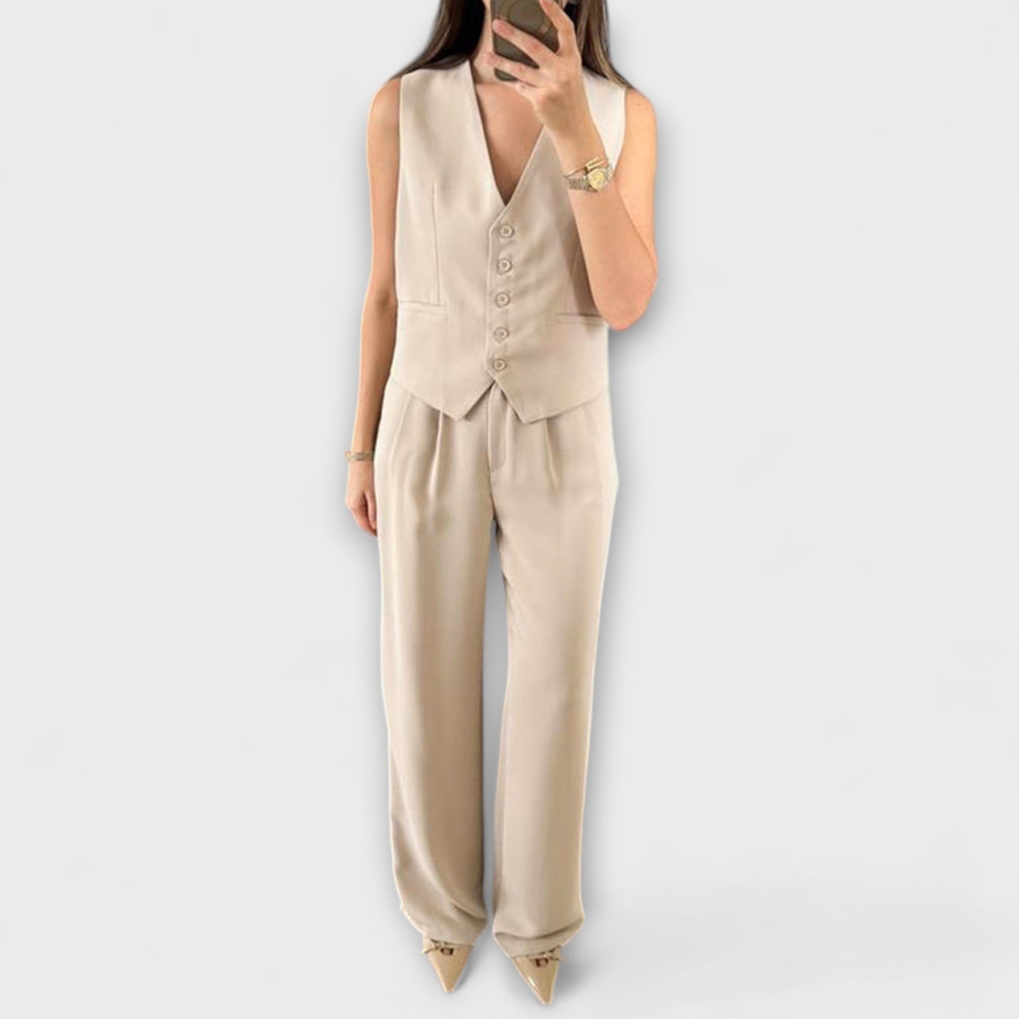 Hazel - Stijlvolle effen V-hals top en broek twee-delen ensemble