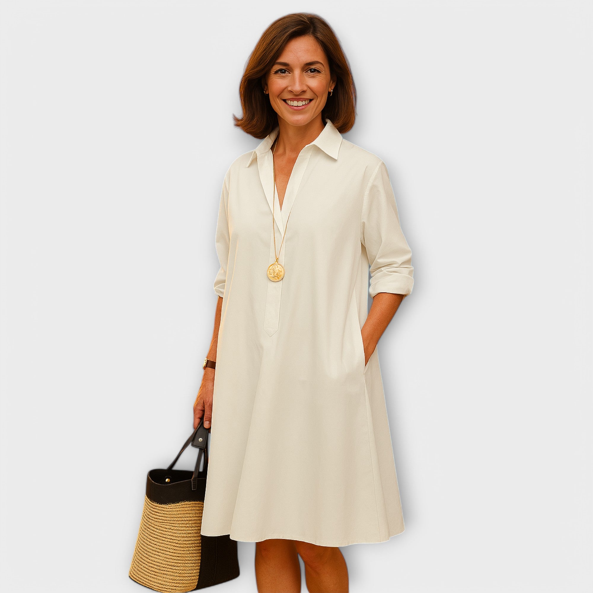 Modern Hemdblusenkleed met Kraag en Driekwart Mouwen
