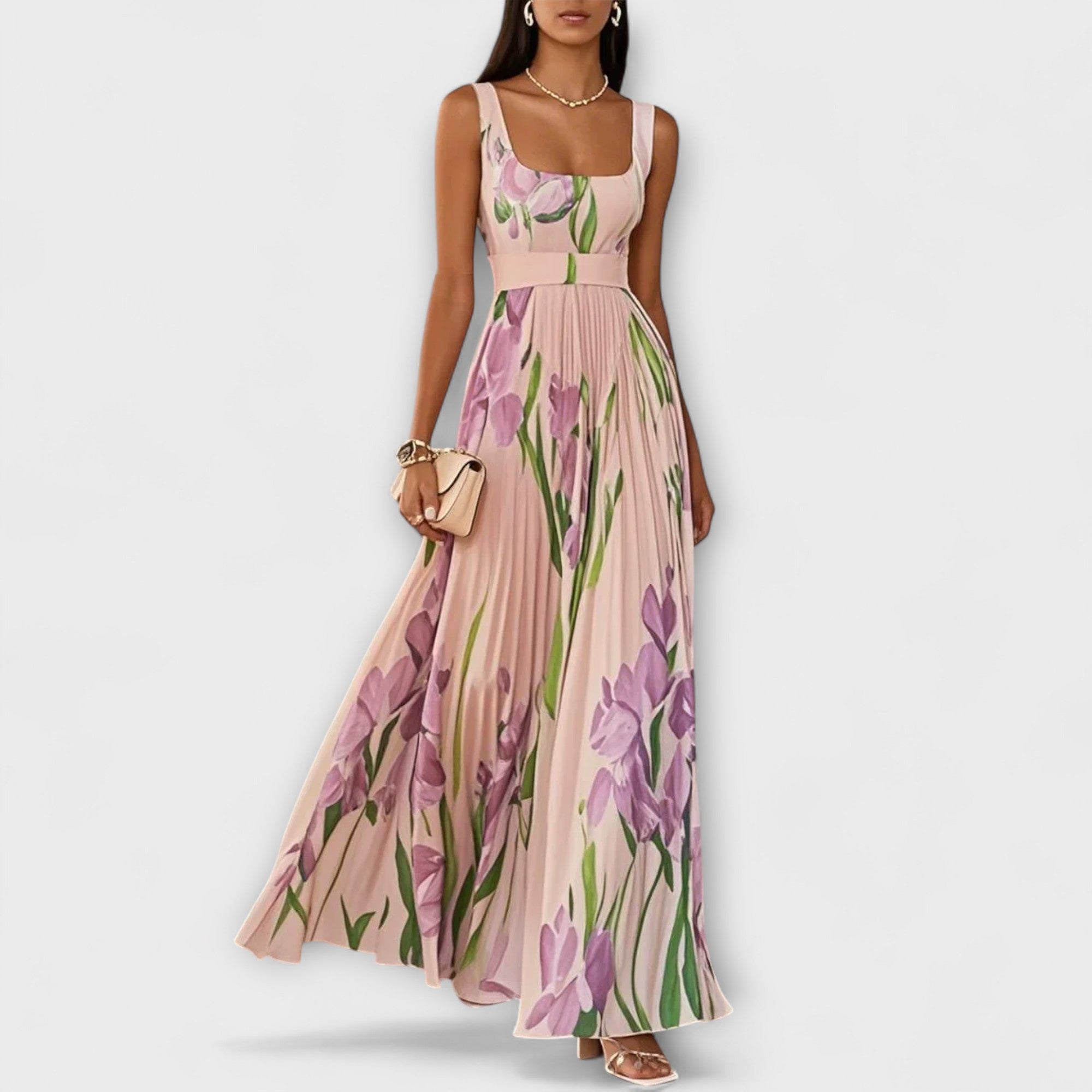 Gevouwen bloemrijke chiffon maxikleed