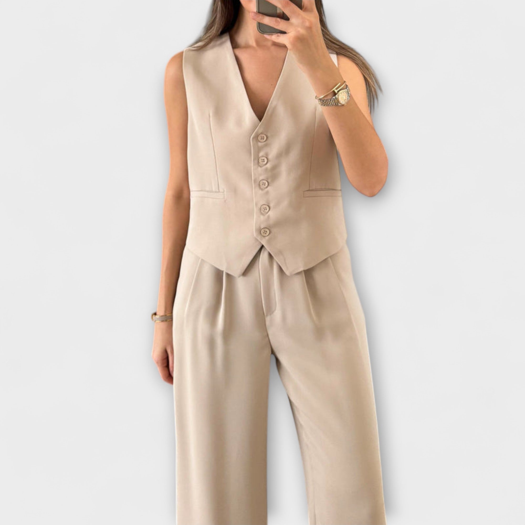Hazel - Stijlvolle effen V-hals top en broek twee-delen ensemble