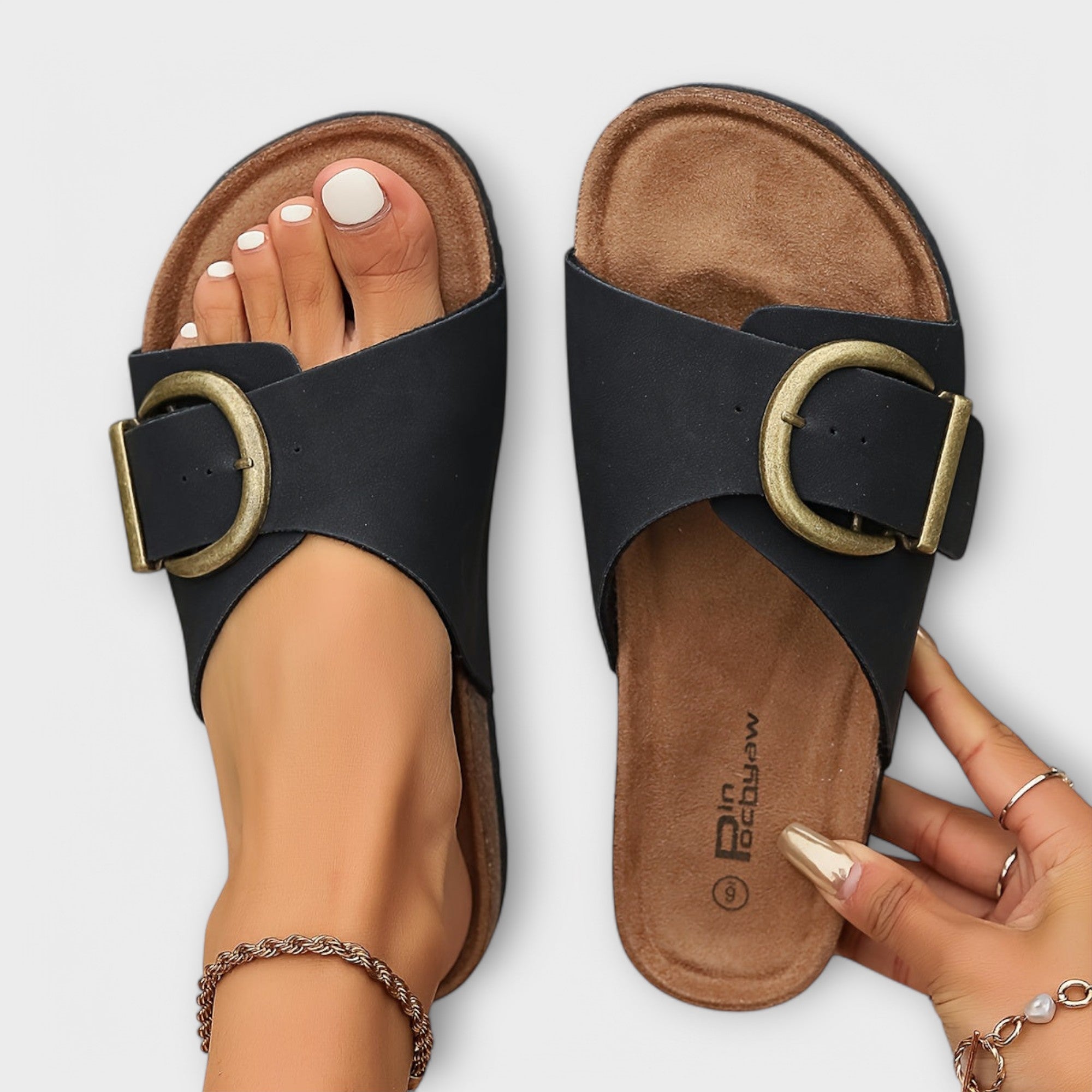 Margie - Dames Kork Pantoletten met Gespsluiting Design
