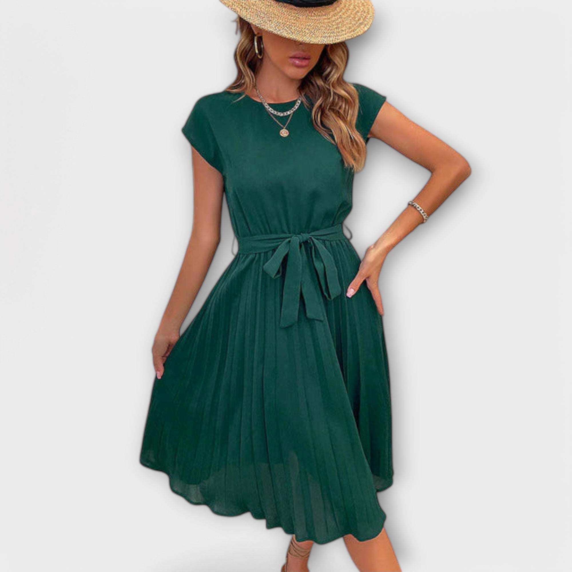 Claire - Korte mouw, geplooide, casual midi-jurk