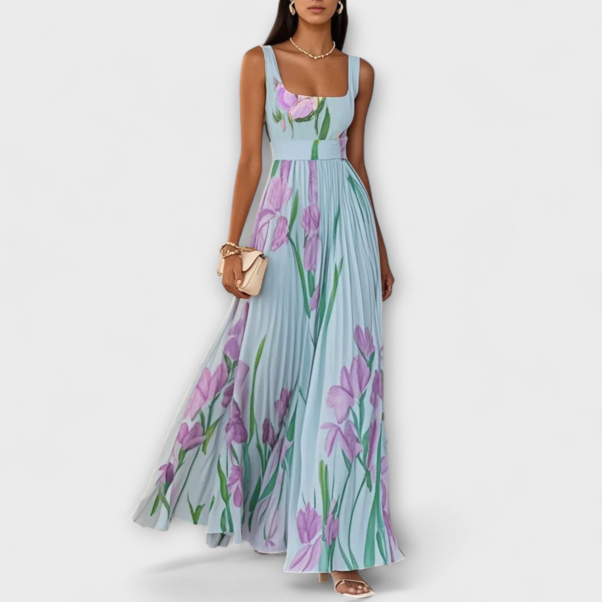 Gevouwen bloemrijke chiffon maxikleed