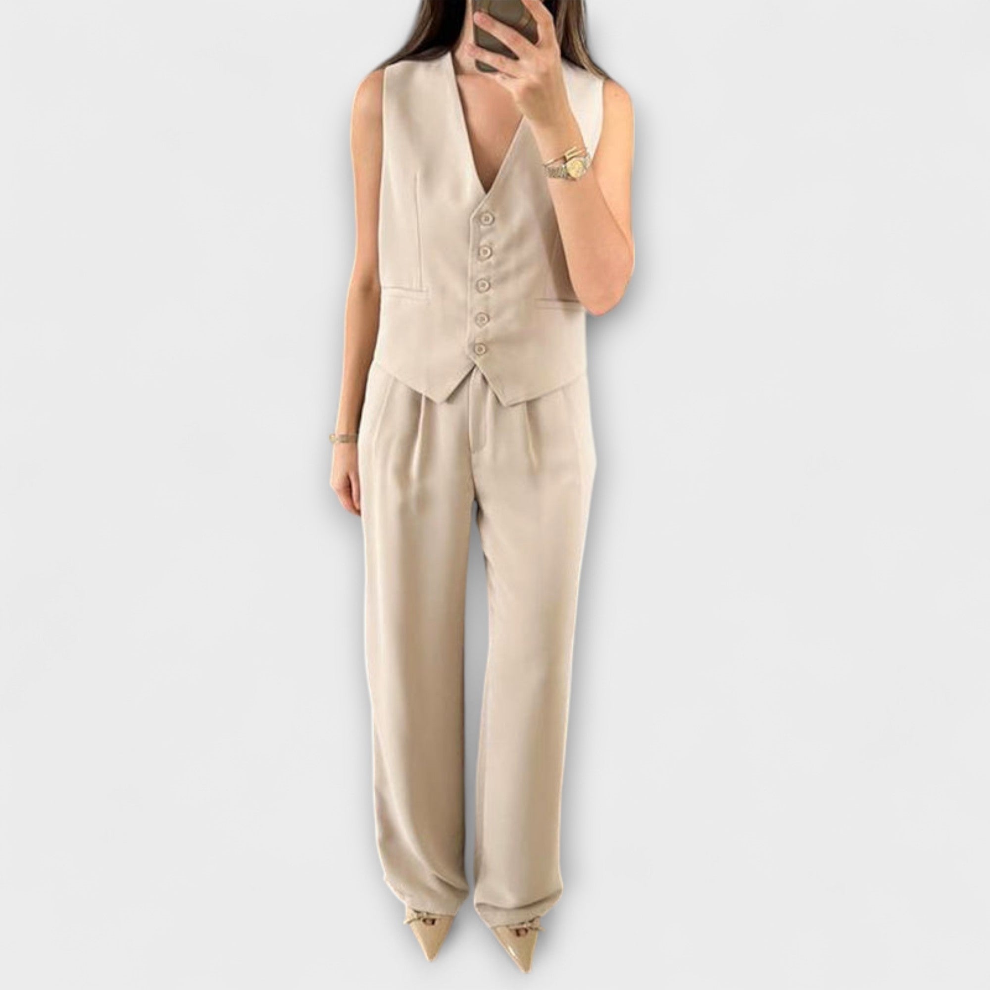 Hazel - Stijlvolle effen V-hals top en broek twee-delen ensemble